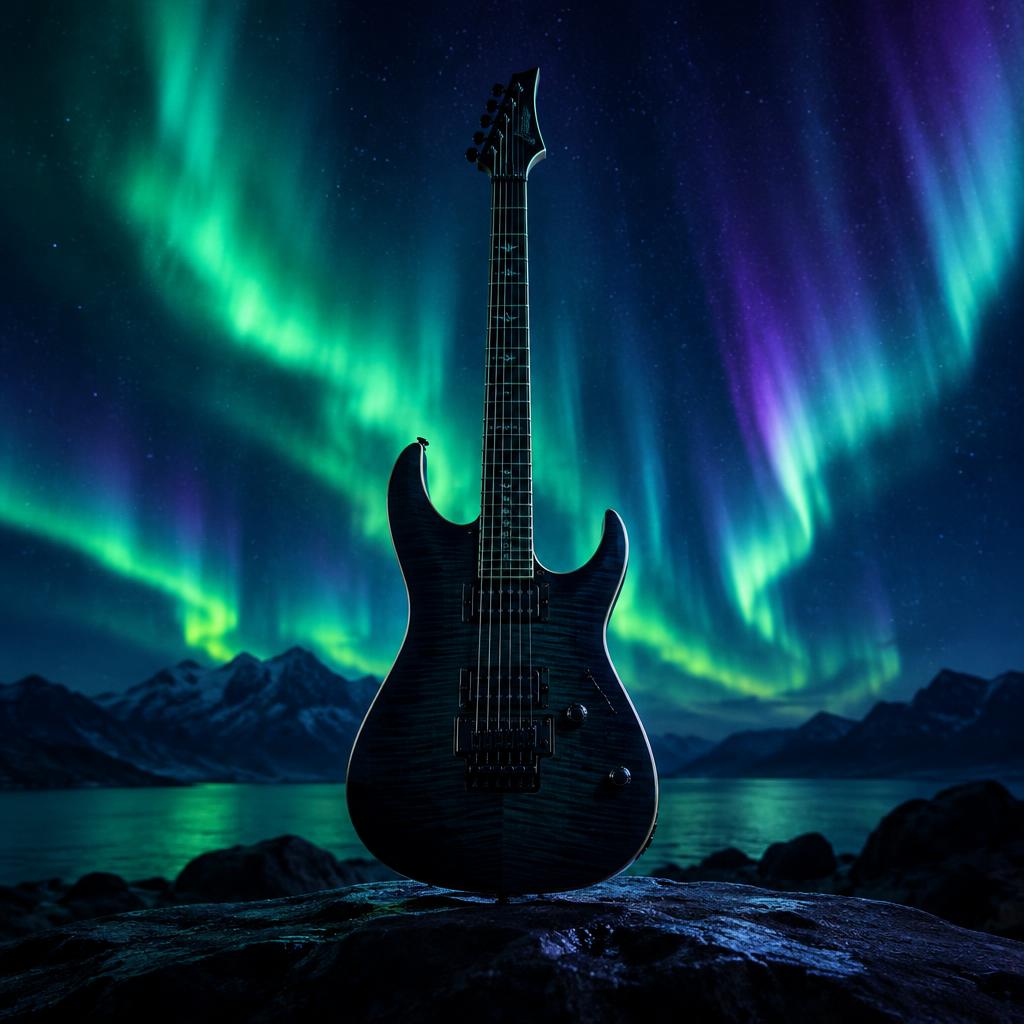 An electric guitar under the green and violet northern lights